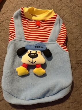 Blue Puppy Appliqué Pet Outfit with Red Stripe Top